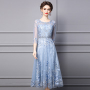 高端气质蓝色连衣裙女2023仙女，款高档钉钻刺绣，长款高腰礼服裙