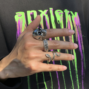 男款3件套骷髅头蟒蛇戒指套装，欧美复古街头时尚，个性气质指环组合