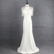 白色晚礼服女钉珠短袖鱼尾大摆气质显瘦仙女裙主持人婚礼写真长裙