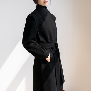 赫本风黑色中式盘扣双面羊绒羊毛大衣女冬设计感手工立领毛呢外套