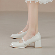单鞋2023春白色粗跟仙女款浅口小皮鞋温柔风高跟玛丽珍鞋女