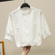 纯棉白色衬衣女七分袖2023夏装，镂空刺绣花衬衫立领宽松蕾丝上衣仙