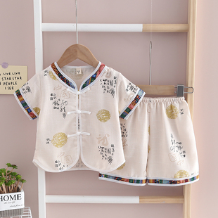男童唐装中国风夏季宝宝短袖，棉麻婴儿套装小男孩周岁礼服儿童汉服