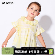 商场同款马拉丁童装女小童短袖衬衫，2021夏装花边领口淡黄衬衣