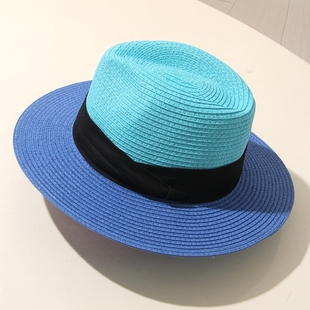 蔚蓝草编帽子女士遮阳帽，夏天沙滩宽檐草帽，蓝色拼色礼帽太阳帽