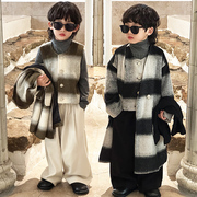 韩版秋冬季男童呢子大衣童装 儿童毛呢长款大衣格子外套帅气