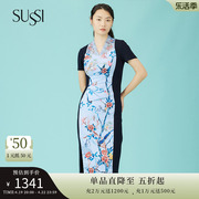 sussi古色夏季蓝色，印花v领短袖，气质修身改良旗袍连衣裙女