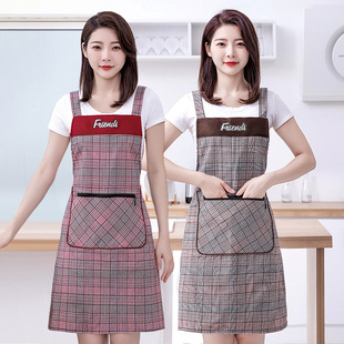 简约女时尚格子棉布围裙家用厨房做饭工作服透气上班耐脏背带围腰