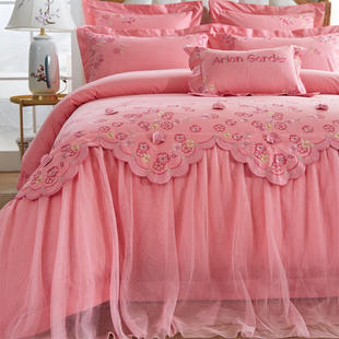 婚庆四件套大红公主蕾丝床u品纯棉六件套粉色全棉结婚刺绣床上用