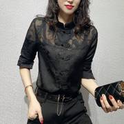 黑色衬衫女春秋2024高级感立领衬衣唐装中国风新中式盘扣上衣