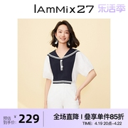 IAmMIX27短袖衬衫女青春减龄撞色条纹海军领侧开衩针织拼接套头衫