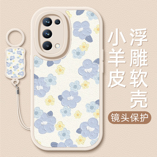 蓝色小花适用opporeno5手机壳reno4pro保护套新年reno3小羊皮硅胶4se/5k软壳可爱创意秋冬红色男女简约