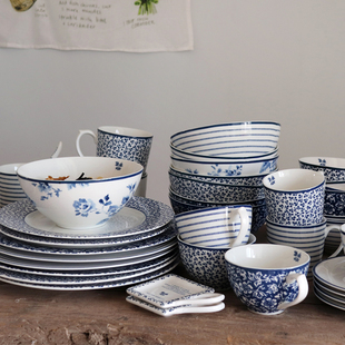 出口英国西式陶瓷餐具，套装青花釉中彩家用菜盘米饭碗马克杯咖啡杯