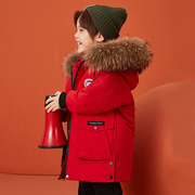 名牌高端品质冬季儿童白鸭绒男童中长款保暖大红色羽绒服外套