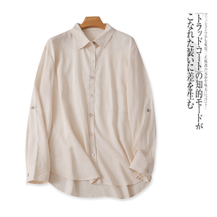 亚麻衬衫秋季新外贸(新外贸)女装时尚，休闲翻领单排扣长袖纯色衬衫26453