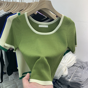 绿色短袖t恤女夏季高腰，短款冰丝针织衫圆领撞色chic港味上衣