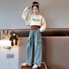 女童春装三件套2024韩版女孩时髦背心卫衣工装牛仔裤网红套装