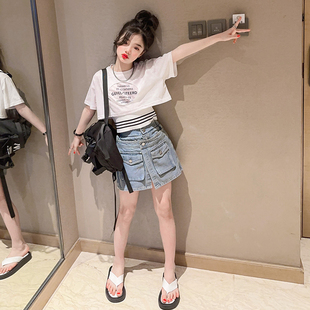 女童超酷拽姐套装2024夏季大童时髦韩版牛仔，短裤儿童短裙两件