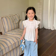 女童法式休闲白色衬衫女宝宝，夏季韩版裙摆式，衬衣小飞袖娃娃衫上衣