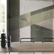 艺速现代复古绿色，几何图形壁纸餐厅卧室，客厅背景壁画纵横空间