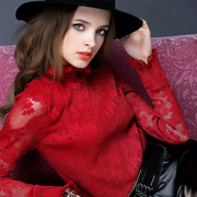 高领蕾丝打底衫女洋气，秋冬内搭红色，荷叶领镂空网纱上衣大码