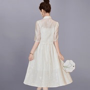 新中式米白色雪纺绣花盘扣，开衫吊带连衣裙女夏季法式气质优雅套装