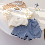 女童韩版套装短袖，t恤夏季简约百搭牛仔，短裤儿童洋气两件套潮