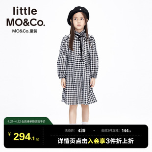 little moco童装春秋装女童黑白格纹长袖连衣裙儿童裙子小女孩