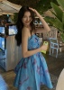 小众设计师款韩系高级感气质，连衣裙蓝色印花抹胸连身裙生日礼服裙