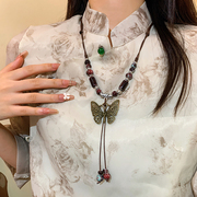 新中式复古陶瓷蝴蝶吊坠项链，女2023年潮，民族风长款卫衣链配饰