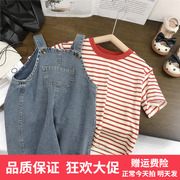春夏韩版女童条纹短袖T恤+口袋牛仔背带裙两件套潮流时尚外贸