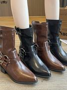 棕色增高马丁靴女款夏天尖头高跟短靴女2023骑士靴西部牛仔靴
