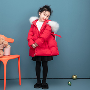 女童大毛领连帽棉衣棉服，2023冬装洋气红色，拜年服儿童棉袄外套