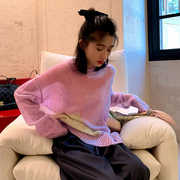 日系宽松慵懒风马海毛毛衣女，薄款春季外穿中长款紫色套头针织罩衫