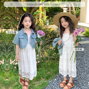女童夏季裙套装韩版牛仔，短袖外套蕾丝吊带裙，小女孩连衣裙短款外套