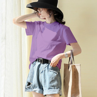 紫色半高领宽松短袖t恤女2023夏季休闲百搭打底衫半袖上衣ins