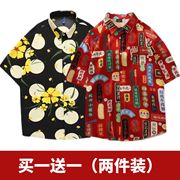 日系美式复古短袖满印衬衫男女生夏12民族风街头宽松情侣小众衬衣