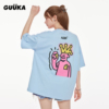 guuka&agaho联名粉蓝色短袖重磅，t恤女纯棉，潮牙刷刺绣落肩上衣宽松