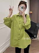 绿色长袖衬衫女纯棉洗水2024年韩版翻领休闲减龄欧货上衣外套