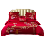 恒源祥结婚床上四件套床单，被套纯棉全棉，婚庆喜庆大红中式传统刺绣