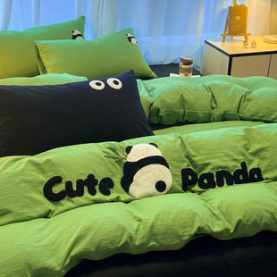 卡通ins风果绿色小清新可爱熊猫，水洗棉床单被套四件套学生三件套