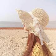 女式带沿今年夏季流行的帽子日式草帽花朵花边太阳帽渔夫帽波浪边