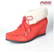 dulala真牛皮保暖短靴女红色，坡跟雪地靴短靴毛毛靴240510033