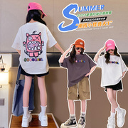 2023夏季女童体恤衫夏装中大童韩版短袖卡通小怪兽印花打底衫