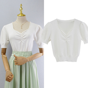 夏季白色V领韩版钉珠短款套头针织衫灯笼袖淑女短袖冰丝薄款上衣