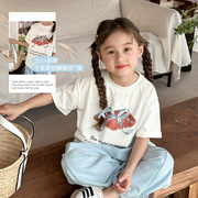儿童数码印花可爱牛角包图案(包图案)t恤夏季女童韩版蝴蝶结短袖