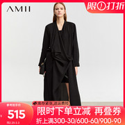 Amii2024春休闲荡领不规则门襟长款外套女雪纺长袖黑色上衣