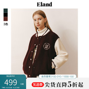 eland衣恋棒球服女宽松学院风卫衣，撞色拼接仿羊羔，毛外套(毛外套)上衣