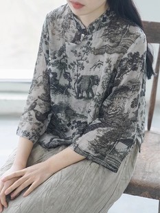 新中式印花苎麻衬衫女七分袖立领斜襟钉珠亚麻茶服小衫棉麻料上衣