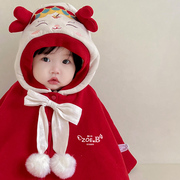婴儿斗篷加绒过年衣服儿童，冬季外出披风，女童宝宝红色披肩外套防风